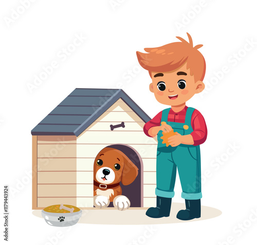 happy cute little kid feed  dog