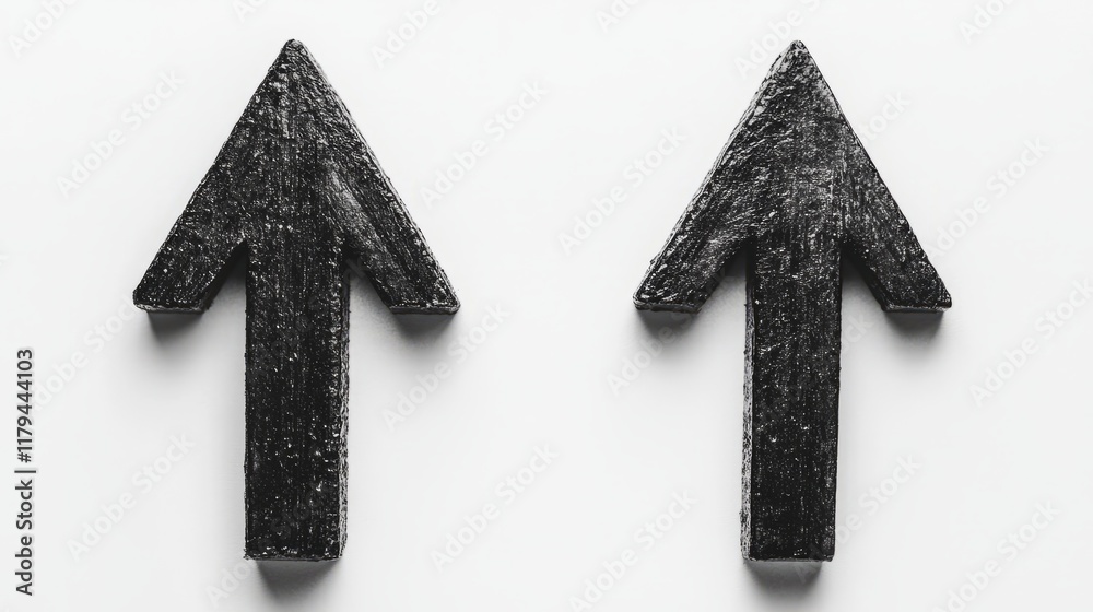 Fototapeta premium Two black straight arrows pointing upward and downward, side by side on white 