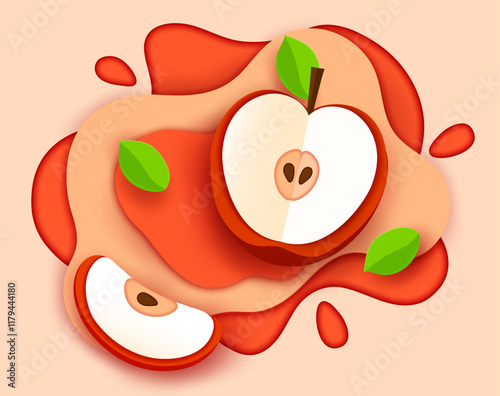 Paper cut apple juice with fruits and drink splash for product package, vector background. Apple whole and half slice in paper cut splashing drops for juice drink or fruity beverage package advertise