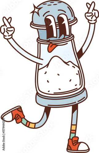Groovy salt shaker retro cartoon character or kitchenware utensil, comic vector. Funny groovy salt shaker bottle with funky face and tongue out smile for kitchen utensils and kitchenware character