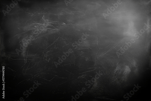 Black chalkboard background with space for text or design, Black chalkboard texture background, black texture background, Chalkdust in the air, blank copy area for a concept template. Generative Ai photo