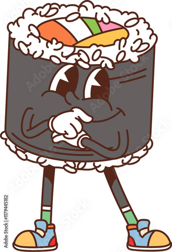 Cartoon groovy fast food sushi character. Japanese cuisine cafe or sushi bar meal cheerful cartoon personage. Asian fast food maki sushi roll with rice, nori and tuna isolated groovy vector character