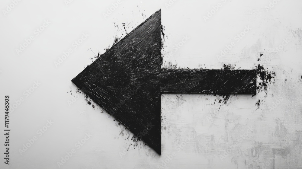 Fototapeta premium A bold and sharp black straight arrow pointing left at the top of a white canvas