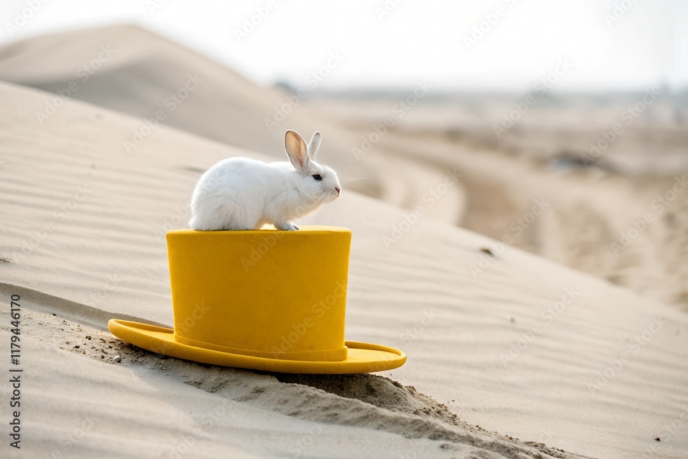 Obraz premium A white rabbit perched on a large yellow top hat