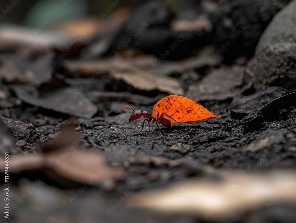 Leafcutter Ant Carrying Orange Leaf in Dark Forest Soil Leafcutter Ant Carrying Orange Leaf in Dark Forest Soil