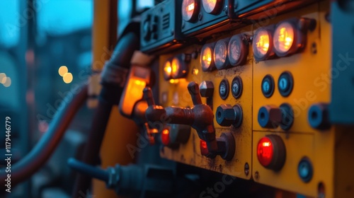 Industrial Machine Control Panel Gauges, Lights, and Levers