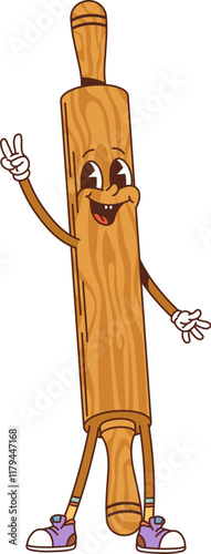 Retro groovy kitchenware and utensil rolling pin character. Cooking crockery groovy vector character. Household baker wooden rolling pin happy personage or kitchen utensil cheerful cartoon mascot