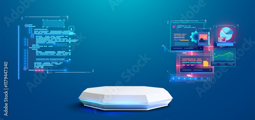 High-tech platform with futuristic code displays, data analytics, and bright neon elements. Perfect for software presentations, app development, or digital innovation. Vector illustration.