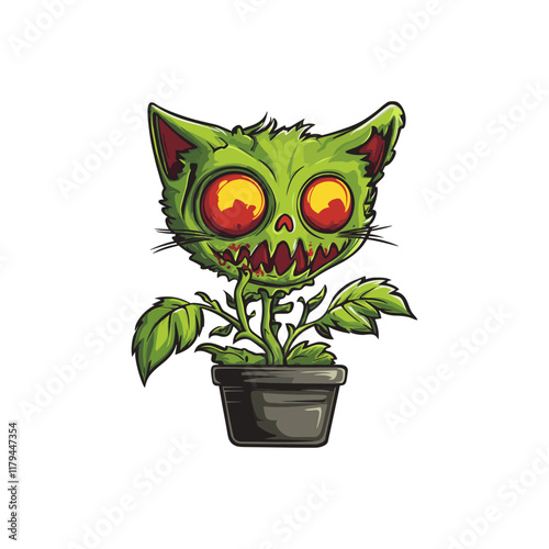 Vector zombie plant cat Terror bloom monster plant for logo, merchandise t-shirt, stickers and label designs, halloween poster 