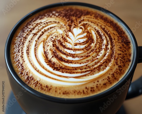 A professional closeup of cappuccino pouring from a coffee machine, capturing the swirling motion of milk and espresso blending together photo