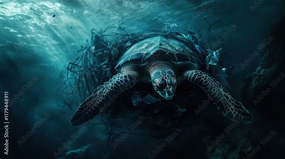 Fototapeta premium Ocean Pollution Sea Turtle Entangled in Plastic Waste