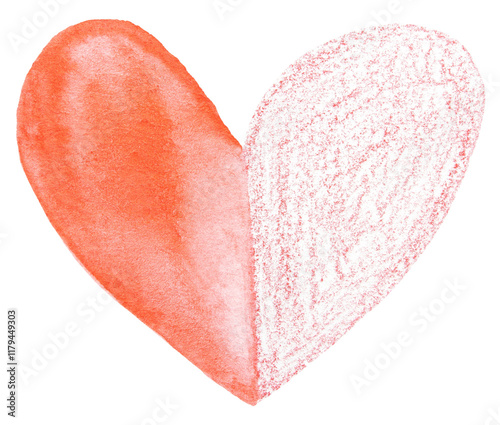 Half red half white heart illustration with watercolor and crayon texture