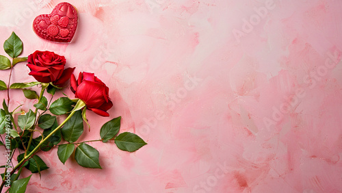 Elegant composition featuring two vibrant red roses with lush green leaves and a decorative heart-shaped gift box on a soft pink textured background. The romantic and artistic arrangement is perfect 