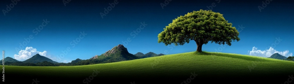 Lone Tree in a Serene Landscape: A solitary tree stands tall on a verdant hill, silhouetted against a backdrop of rolling hills and a vibrant blue sky. The scene evokes a sense of peace, tranquility. Lone Tree in a Serene Landscape: A solitary tree stands tall on a verdant hill, silhouetted against a backdrop of rolling hills and a vibrant blue sky. The scene evokes a sense of peace, tranquility.