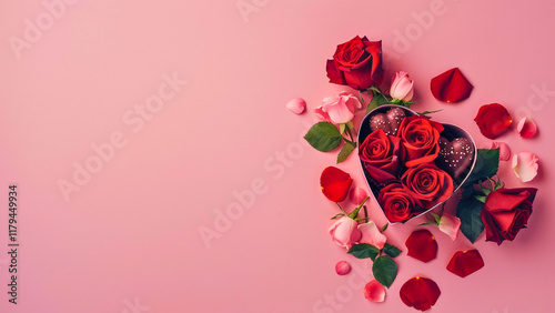 Elegant composition featuring two vibrant red roses with lush green leaves and a decorative heart-shaped gift box on a soft pink textured background. The romantic and artistic arrangement is perfect 