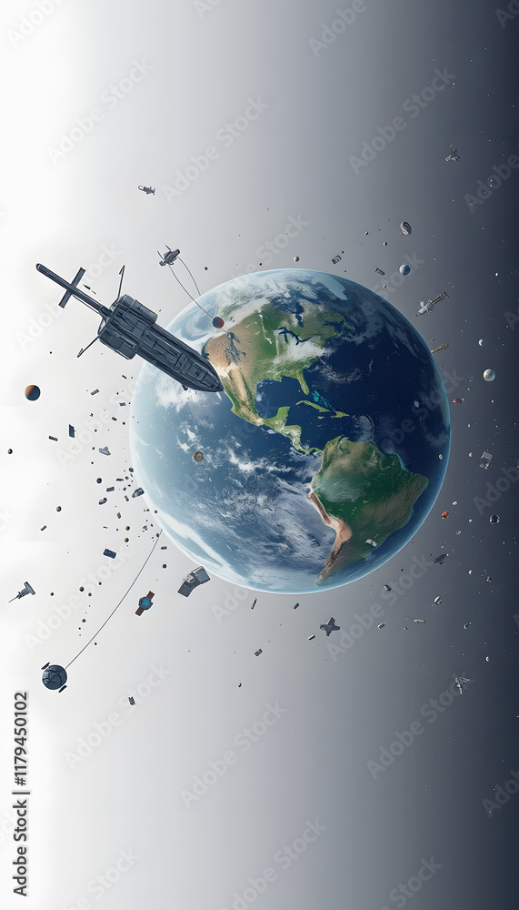 Fototapeta premium Space junk (pollution) orbiting earth, one line art, with white tones