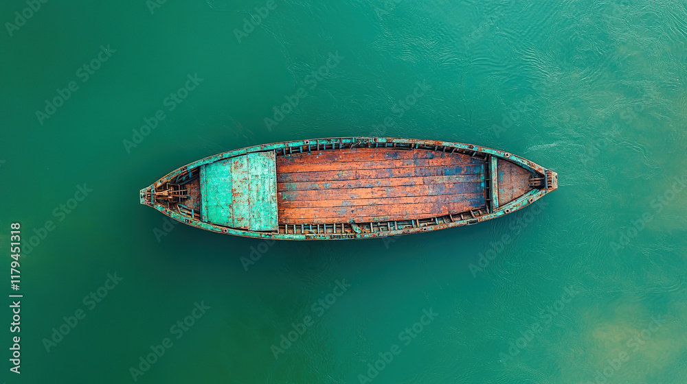 An Aerial View Shows a Small, Weathered Wooden Boat Floating on Calm, Teal Water, Possibly a Fishing Vessel