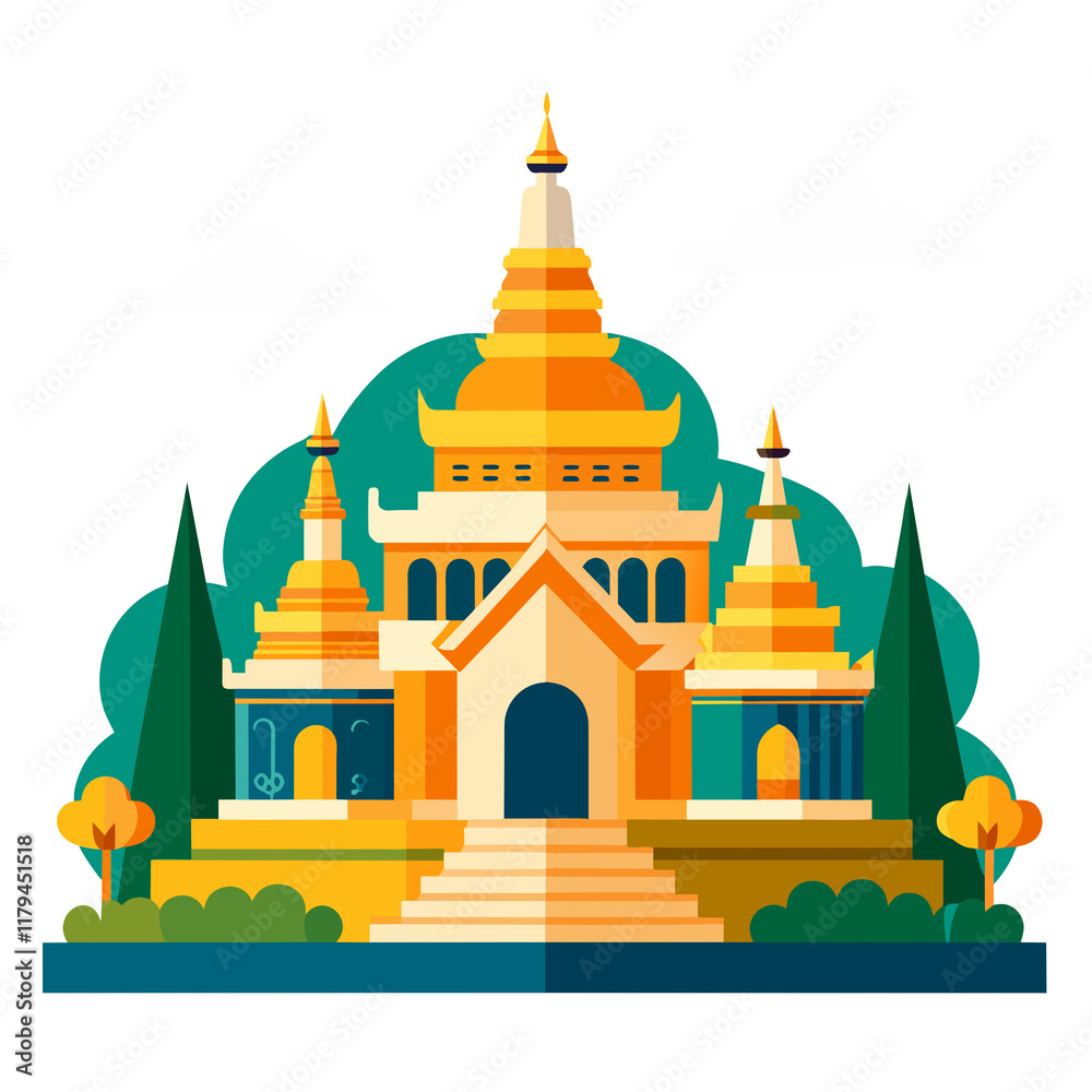 Naklejka premium Golden Thai temple architecture, a vector illustration of an ancient Asian pagoda like the Temple of Heaven