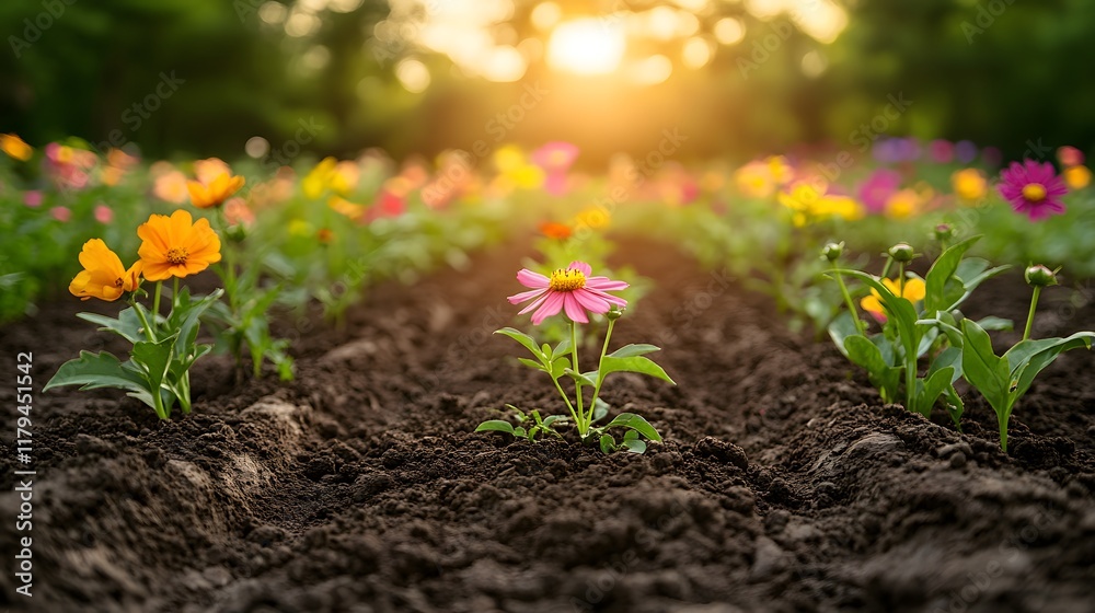 Preparing flower beds with warm sunlight casting a golden glow over blooming flowers, evoking joy and serenity in nature. Preparing flower beds with warm sunlight casting a golden glow over blooming flowers, evoking joy and serenity in nature.