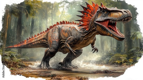 Ferocious Spinosaurus in a Prehistoric Jungle. Generative AI photo