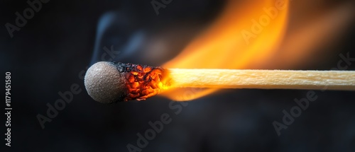 A wooden match burning with a striking flame on a black background, capturing the motion and warmth of the fire in vivid detail