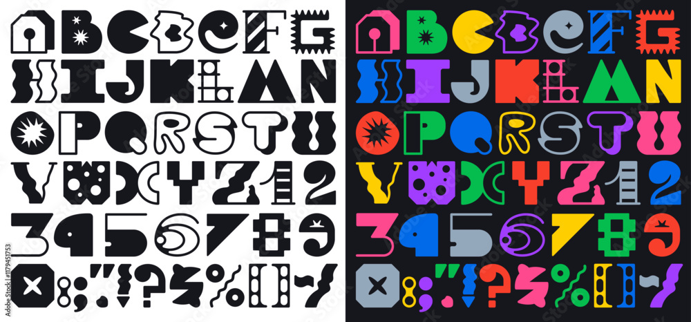 Fototapeta premium Y2K brutal font, abstract modern geometric typeface with funky type, vector English alphabet. Brutal font of abstract and cartoon thick bold letters or line art typeface in trendy cartoon funky design