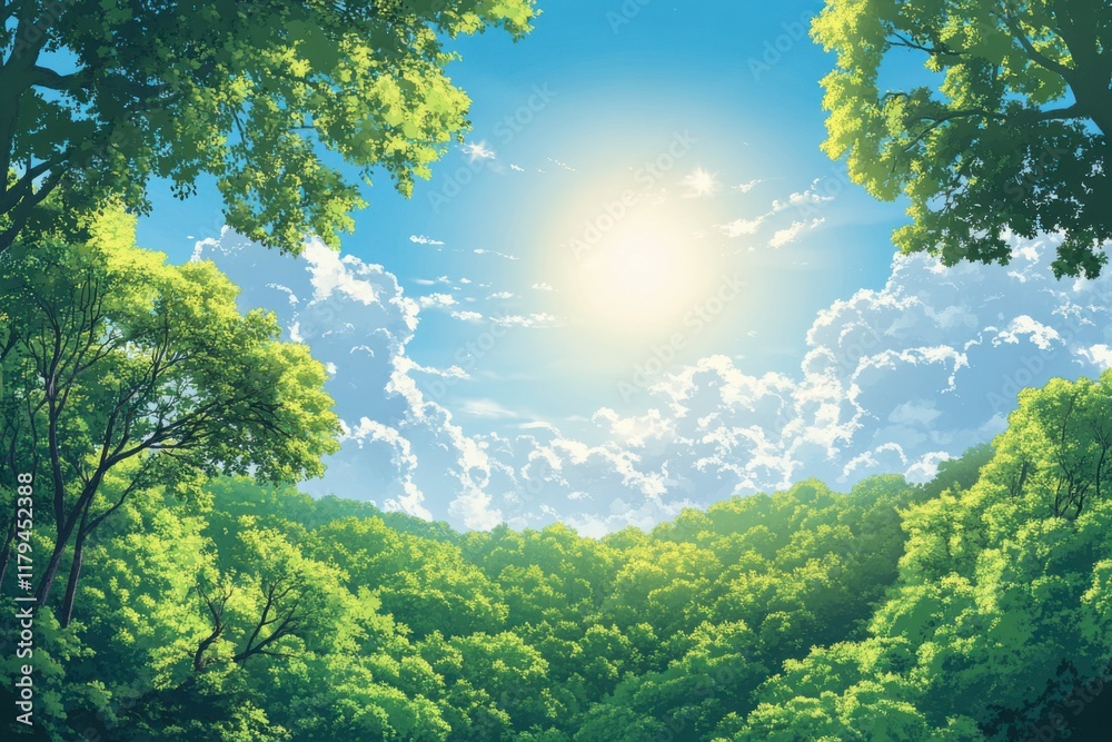 Illustration of dense green forest under bright blue sky Illustration of dense green forest under bright blue sky