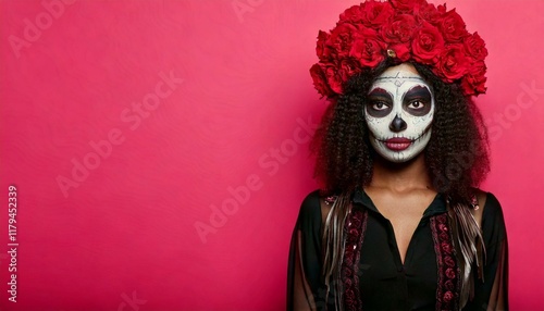 1st and 2nd november celebration of day of the dead in mexico concept woman with grimm skull face and black cloth in studio photo