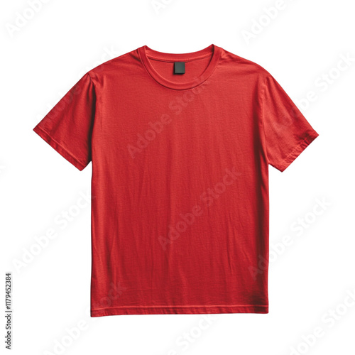 High-resolution image of a plain red t-shirt perfectly isolated on a pure white background. The t-shirt is neatly laid out, highlighting its clean design, texture, and vibrant red color. This professi
