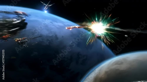 Cinematic anamorphic 4K render of epic space warfare. Dramatic spacecraft battle near planetary orbit, laser fire and explosions illuminating cosmic darkness with Earth visible in background