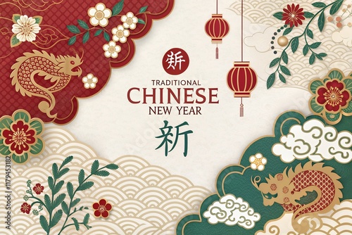 floral pattern celebration rendered illustration. 3d illustration of traditional chinese ornaments.