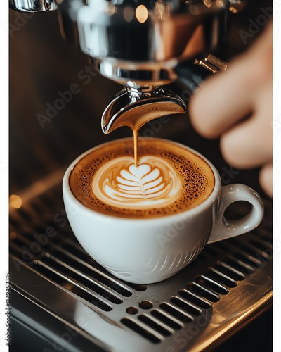 Closeup of a professional barista brewing a cappuccino, with rich espresso flowing from the coffee machine and foam forming in the cup photo