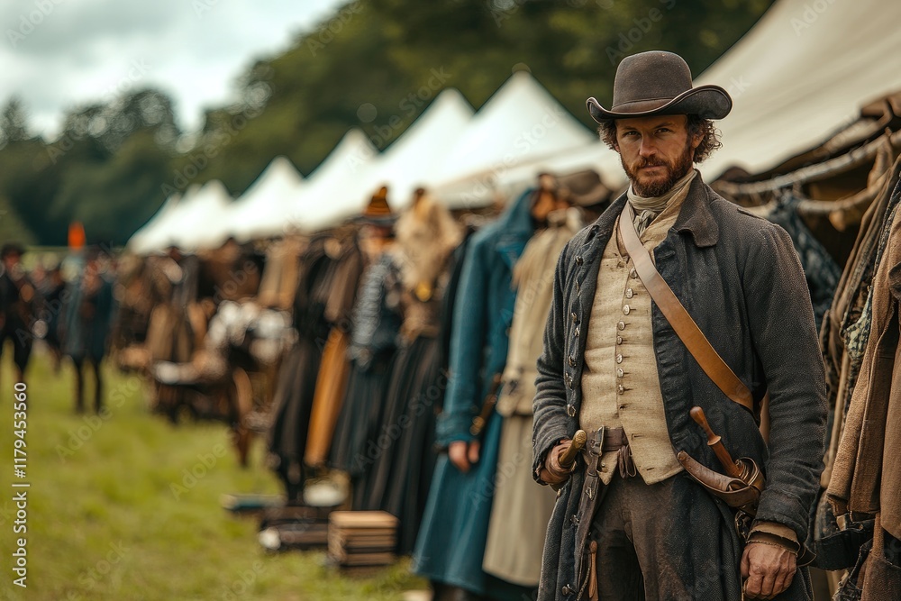 Fototapeta premium Man wearing 18th century military outfit posing in front of tents