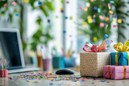 Gifts and colored paper on the desk