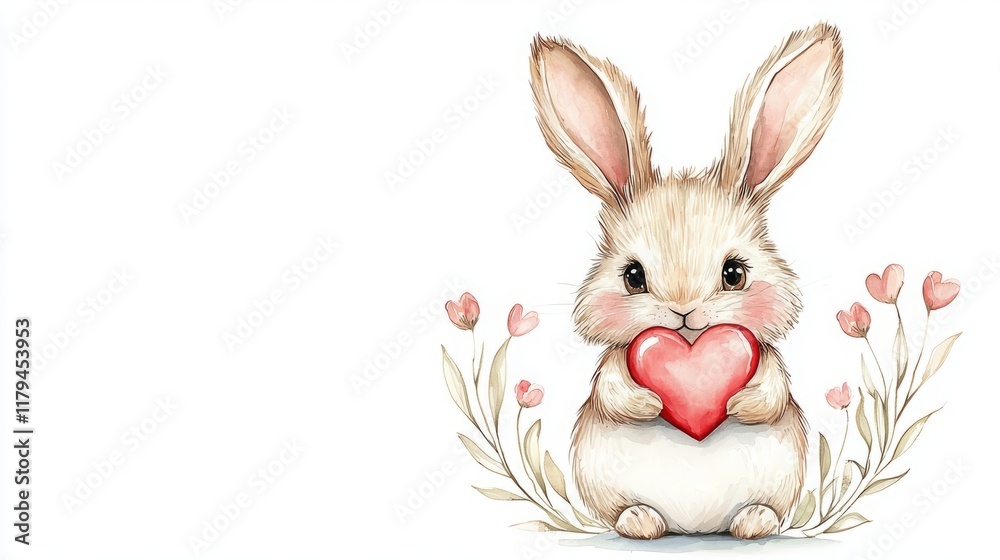 Obraz premium Valentine animal companion heartwarming symbolic friendly. A cute rabbit holding a red heart, surrounded by delicate flowers, exuding love and warmth.