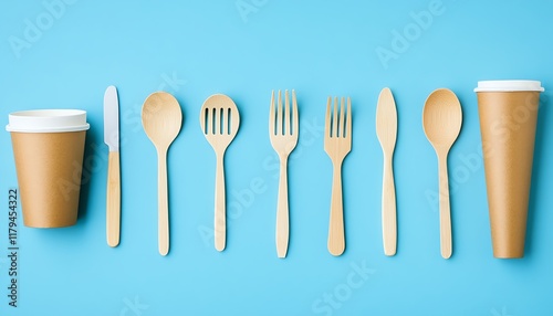 Ecofriendly disposable utensils made from wood and paper, including spoons, forks, knives, bowls, and paper cups, arranged on a blue background