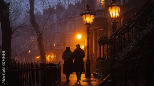 A quiet street with morning fog, early risers walking, and streetlights turning off as the sun rises  photo