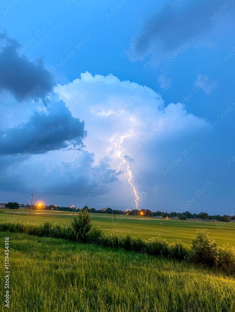 Dramatic lightning strike over green fields. Dramatic lightning strike over green fields.