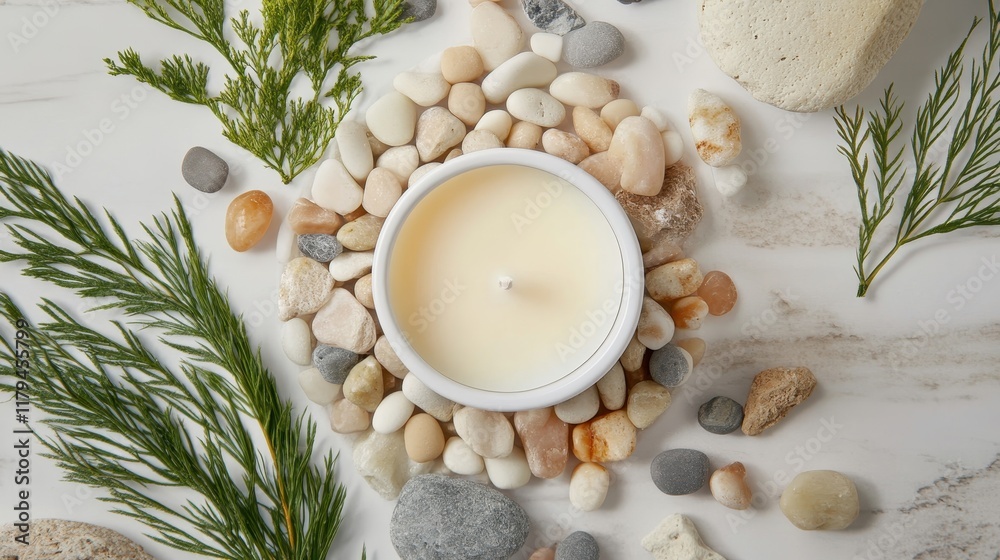 Serenity in Nature with Calm Candle and Smooth Stones Serenity in Nature with Calm Candle and Smooth Stones