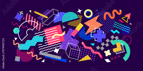 Abstract geometric memphis banner with modern graphic pattern. Vector circle, square and triangle geometric shapes with color line, dot and checkered pattern, crosses, waves and zigzag memphis banner