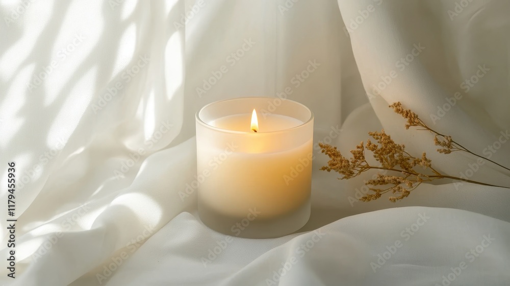 Serene Candle Glow on Soft Fabric Background Serene Candle Glow on Soft Fabric Background
