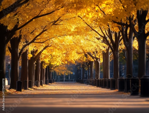 Golden autumn leaves lining a tranquil pathway.