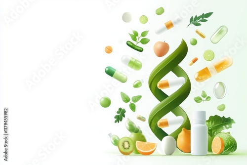 Vitamins and nutrients dna helix formation healthy living digital art vibrant environment creative viewpoint nutrition concept photo