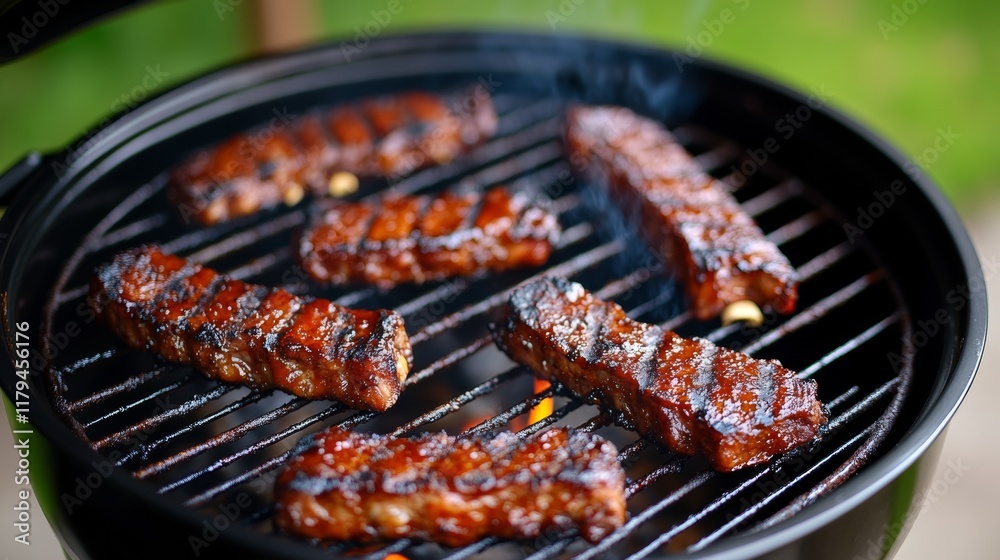 Grilled ribs sizzling on a barbecue grill.