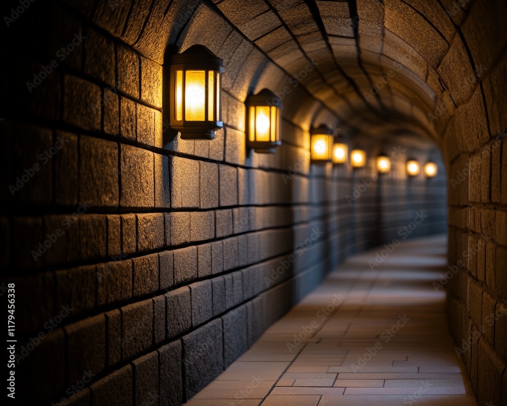 Fototapeta premium Illuminated stone tunnel with vintage lamps.