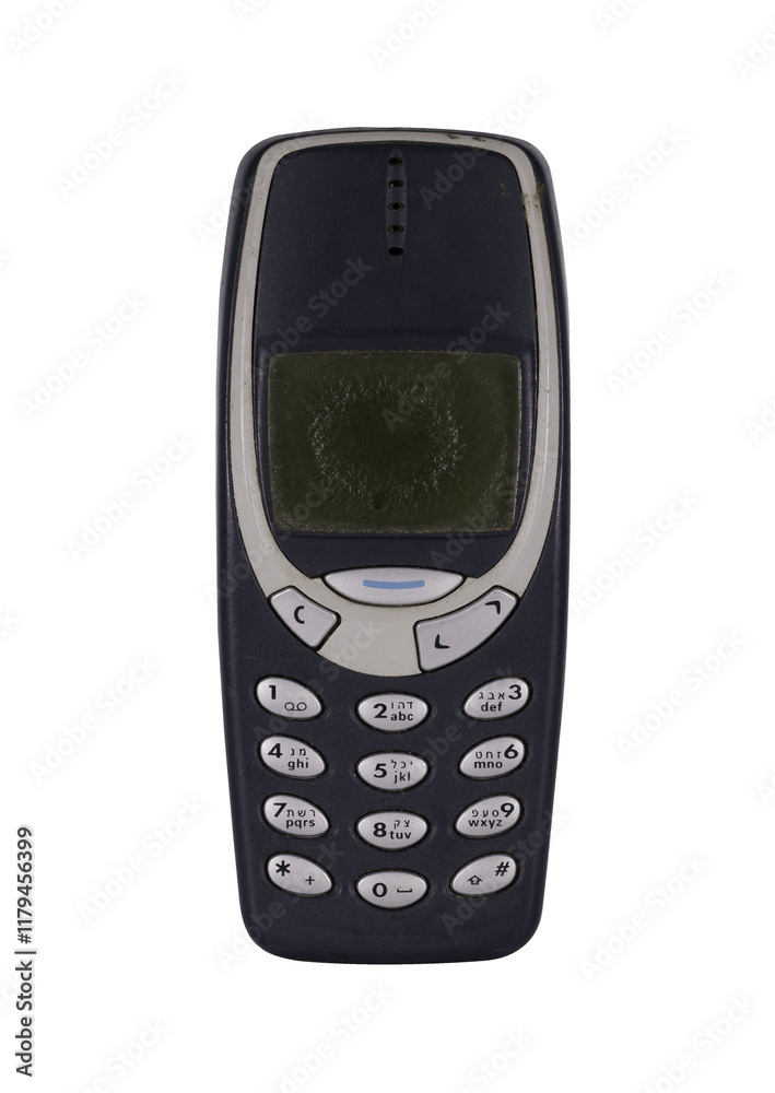 Retro mobile phone with a classic button design on a transparent background. The high resolution and transparent background make it perfect for use in advertising, illustrations, and design projects.