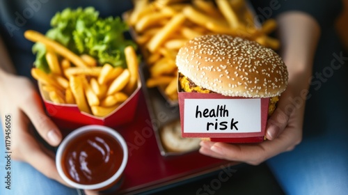 Unhealthy Fast Food Meal Burger, Fries, Ketchup, Health Risk photo