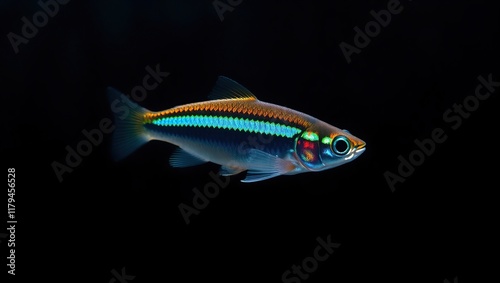 A Rainbowstriped Fish Swims Against Black Background photo