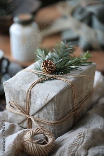 A gift wrapped in an old fabric remnant, tied with twine, and adorned with a tiny pine sprig for a natural, festive look.