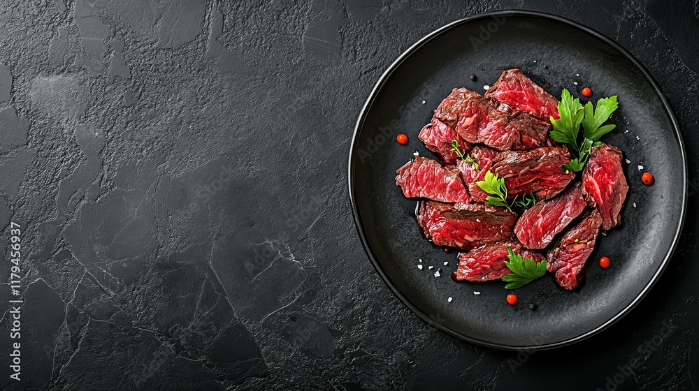 A stunning arrangement of juicy, seared beef slices is artfully displayed on a dark plate, enhanced by fresh herbs and a sprinkle of seasoning, creating a feast for the senses. A stunning arrangement of juicy, seared beef slices is artfully displayed on a dark plate, enhanced by fresh herbs and a sprinkle of seasoning, creating a feast for the senses.